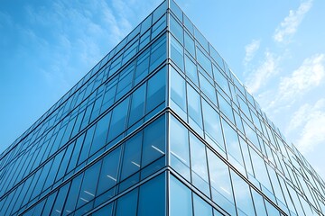 Obraz premium Modern Office Building with Glass Facade Against a Blue Sky