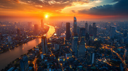 Fototapeta premium A breathtaking cityscape view at sunset with the skyline reflecting gold and orange hues over the winding river in an urban area