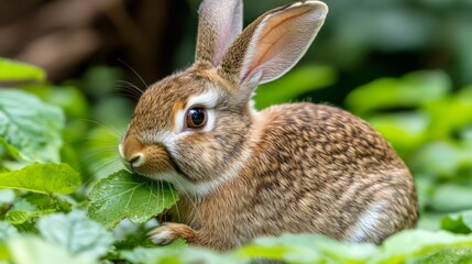 Fototapeta premium Adorable baby rabbit bunny eating vegetable sitting on green grass spring time over bokeh nature background. Cuddly furry rabbit eat fresh vegetable at outdoor. Easter animal concept.