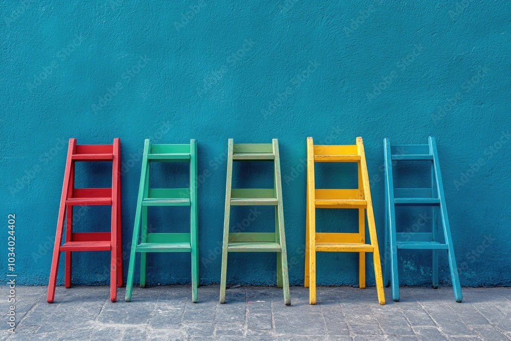 Poster a row of colorful ladders against a blue wall, suitable for use in design or decoration projects