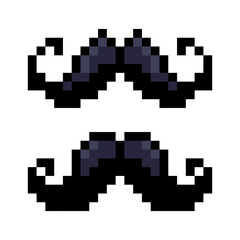 Set of pixelated moustache icons. Gentlemen moustache. Arcade game, 8-bit. Pixel art on a white background.