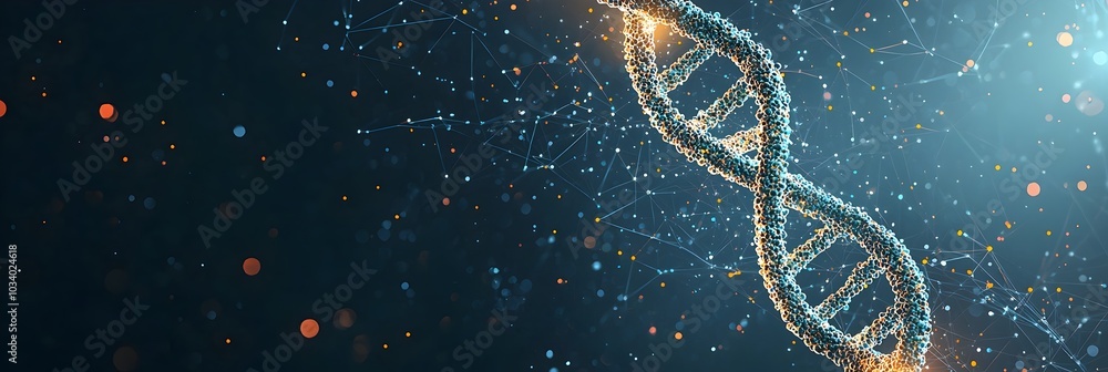 Poster Mesmerizing abstract visualization of a glowing DNA helix against a mysterious dark backdrop symbolizing the cutting edge advancements in genetics biotechnology and bioinformatics