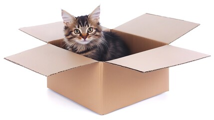 A curious and playful kitten peeking out from the confines of a simple cardboard box its eyes wide with a sense of wonder and discovery
