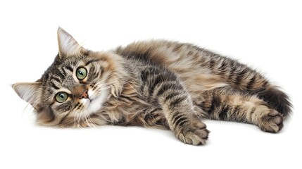 Obraz premium Closeup portrait of a domestic cat with striking vivid green eyes staring directly into the against a plain isolated background