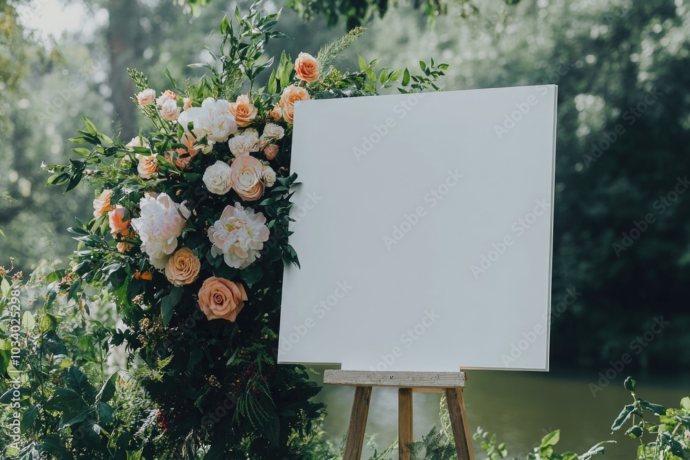 Poster Easel with fresh flowers and a blank sign, ideal for use in artistic or event settings