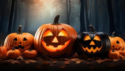 Obraz premium aesthetic halloween backgrounds featuring a variety of pumpkins including orange black and orange and black pumpkins set against a dark forest backdrop highly detailed image