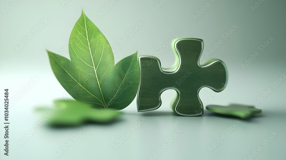 Aufkleber 3d floating puzzle pieces with green leaf symbolizing esg innovation and problem solving on white ba