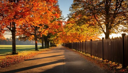 Naklejka premium autumn tree lined driveway and fence