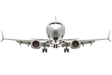 A large commercial airliner flies through a clear and sunny white sky