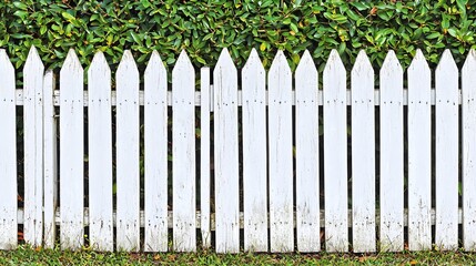Fototapeta premium Charming Picket Fence Gate Framed by Flourishing Foliage and Blooming Flowers Creating a Cozy and Welcoming Atmosphere