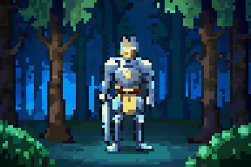 Fototapeta premium Pixel Art Knight Standing in Enchanted Forest at Night