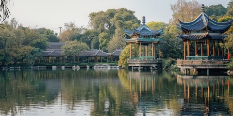 Fototapeta premium A serene lake scene featuring multiple pagodas in the center, surrounded by lush greenery