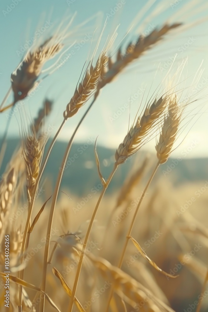 Poster a close-up view of wheat growing in a green field, suitable for use in agriculture or nature-related
