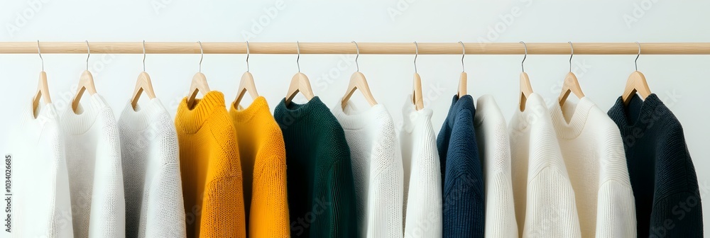 Aufkleber Neatly Organized Hangers Displaying Symmetrically Arranged Monochrome Outfits Creating a Minimalist and Elegant Fashion Concept