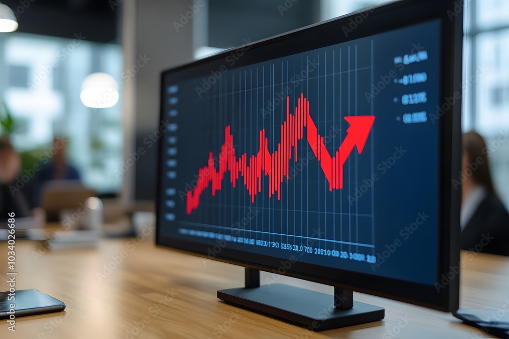 Poster red upward trend line on a computer monitor