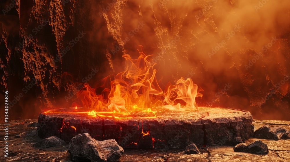 Wall mural a fiery ring burns on a stone platform within a rocky cave, creating a mystical setting with vibrant