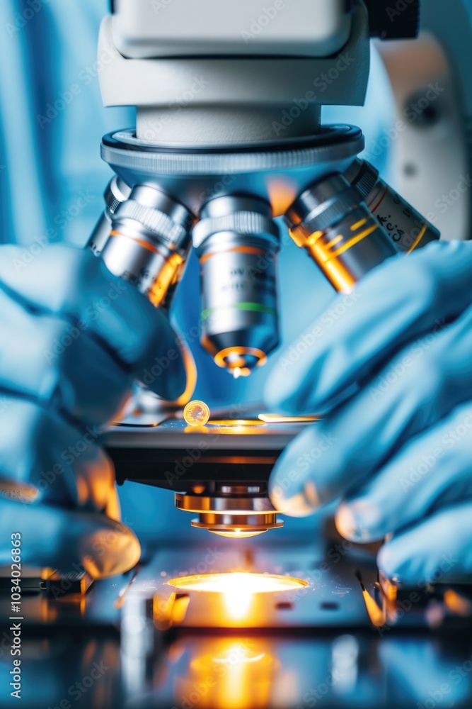 Poster a person in blue gloves examines a sample using a microscope, suitable for science and technology re