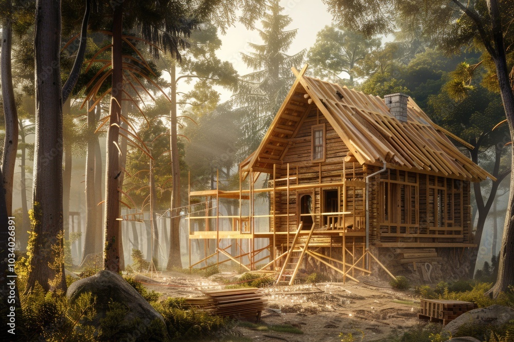 Poster a small wooden house surrounded by trees and foliage, perfect for use as a background or scene sette