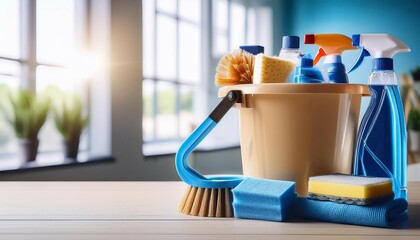 cleaning product tool equipments concept of housekeeping professional clean service housework kit supplies copy space close up