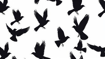 Obraz premium Seamless pattern of black bird silhouettes on a white background. Birds in different poses suggest motion and peace. Ideal for textiles or wallpaper.