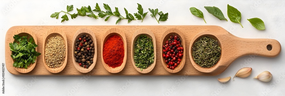 Poster overhead view of an assortment of fresh green herbs and aromatic spices arranged on a rustic wooden 