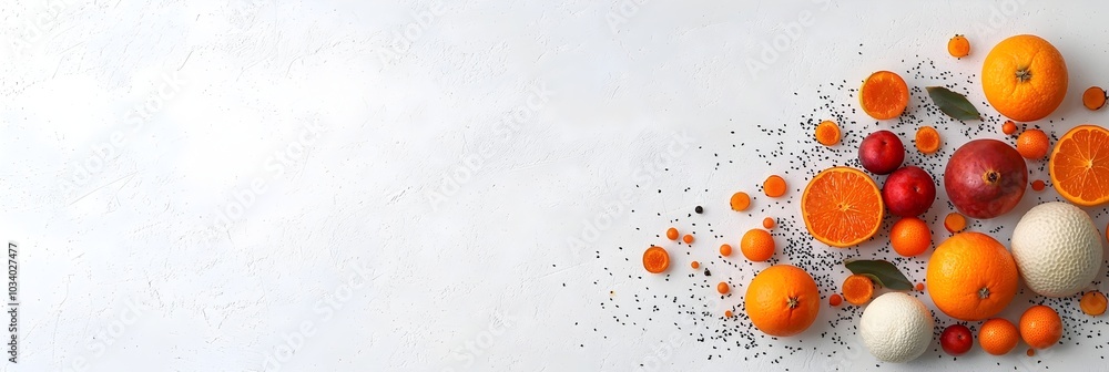 Poster overhead view showcasing a scatter of various colorful fresh fruits such as citrus tropical and othe