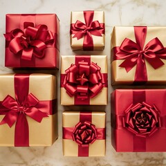 Luxurious overhead flat lay of multiple holiday gift boxes wrapped in festive red and shiny gold paper with elaborate silk bows for a special occasion.