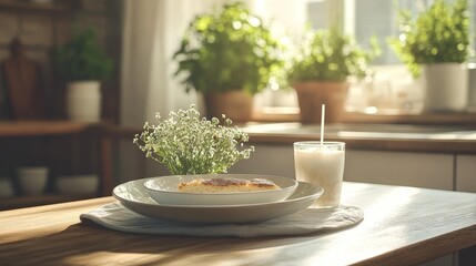 An elegant American breakfast paired with iced American coffee is presented on a white plate, adorned with a pot of green plants and set against the backdrop of a simple Nordic style kitchen.