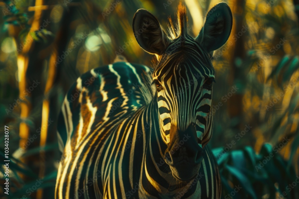 Poster a zebra standing in the middle of a forest, looking around