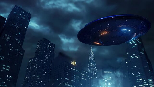 A strange craft glows brightly above towering buildings, captivating onlookers with its presence