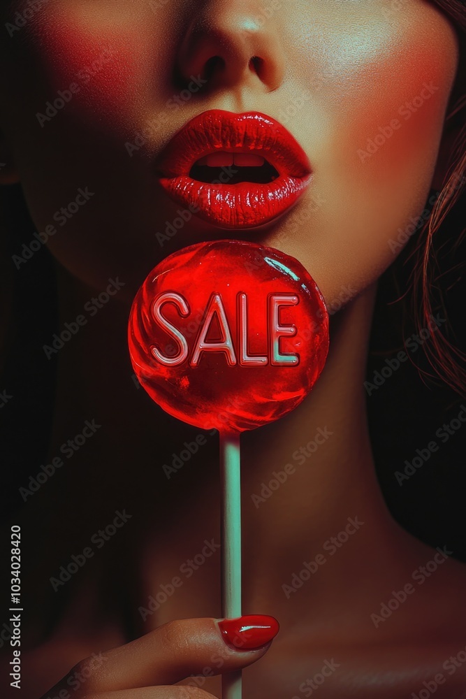 Sticker A woman holds a red lollipop in front of her face, possibly hiding or playing