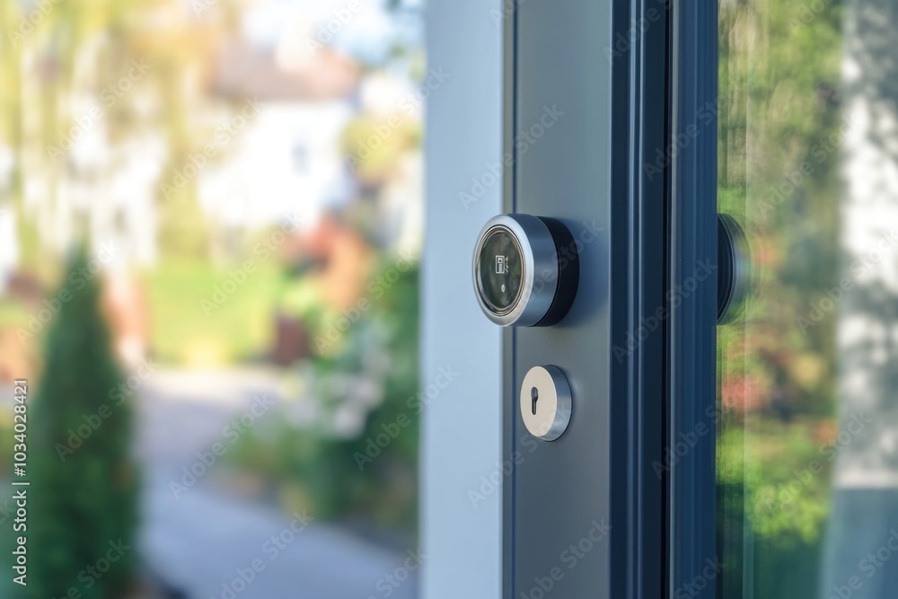Poster a close-up shot of a door handle on a glass door, suitable for use in interior design or architectur