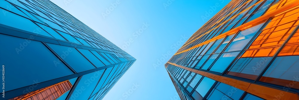 Poster Reflecting glass skyscrapers creating a captivating urban landscape that emphasizes the density and architectural innovation of a modern city  This image showcases the sleek minimalist