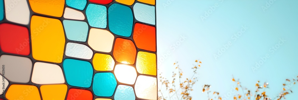 Poster radiant light shining through ornate stained glass creates a mesmerizing display of colorful pattern