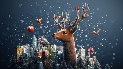 Fototapeta premium Deer with candy cane flat design, front view, winter fair theme, cartoon drawing, colored pastel