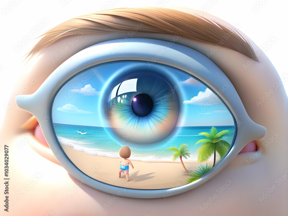 Poster close-up macro shot of child's eye reflecting vibrant beach scene - capturing innocence and wonder w