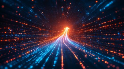 Obraz premium The curved arrow chart with a futuristic feel represents business growth, accompanied by a motion light effect pointing to the upper right corner and a dark blue background