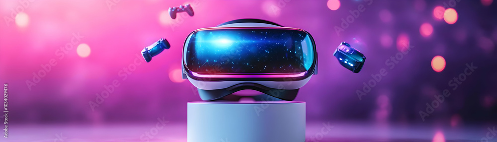 Poster holographic vr headset surrounded by glowing floating game controls - captivating concept with copy 