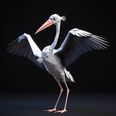 Low poly 3d illustration a stork in metaverse, black background. generative ai