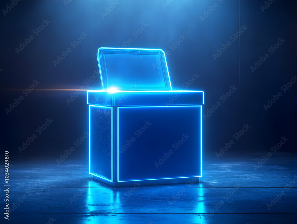 Poster flat holographic ballot box in futuristic setting - close-up of glowing box symbolizing digital voti