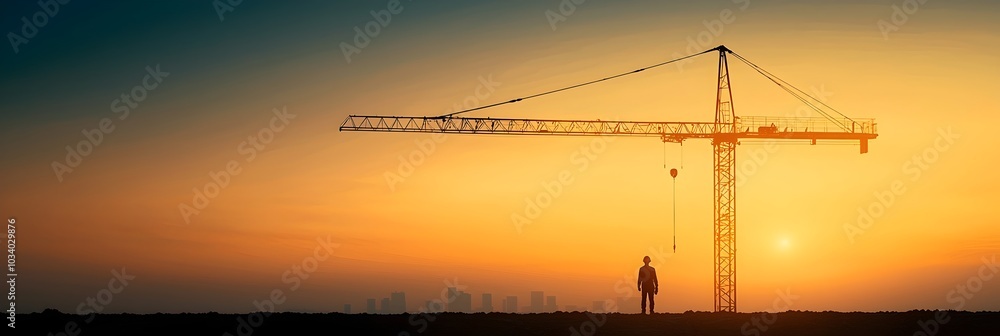 Poster silhouetted construction cranes and scaffolding framing a new building or infrastructure project aga