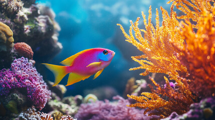 Obraz premium Colorful Tropical Fish Swimming Near Coral Reef in Blue Ocean Water
