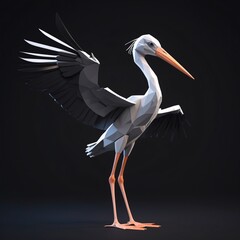 Low poly 3d illustration a stork in metaverse, black background. generative ai