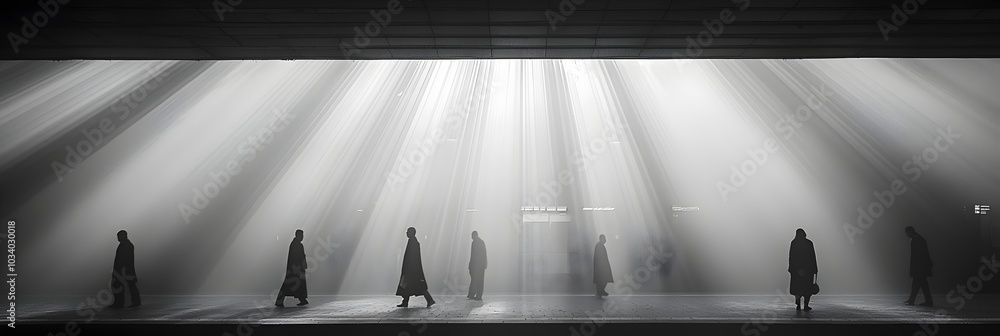 Aufkleber Silhouetted figures of people walking through a sunlit train station passage creating a dynamic minimalist and geometric composition with a sense of motion and atmosphere