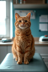 curious orange cat sits confidently on vets examination table, showcasing its vibrant fur and expressive eyes in bright, clinical environment