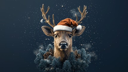 Fototapeta premium Reindeer with Santa hat flat design, top view, starlit sky theme, watercolor, colored pastel