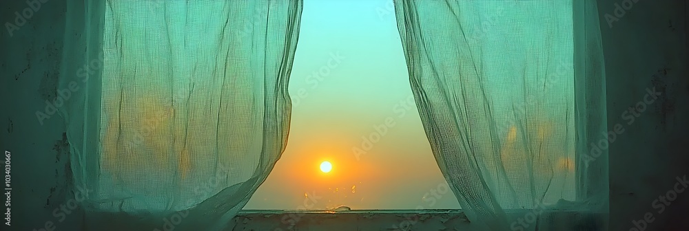 Poster Soft diffused sunlight filtering through sheer wispy curtains creates mesmerizing patterns of delicate shadows casting a serene tranquil ambiance in the room