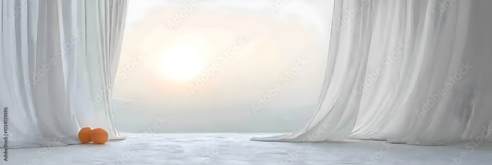 Poster Soft ethereal sunlight filtering through sheer curtains casting delicate wispy shadows on the walls and floors of a cozy peaceful room