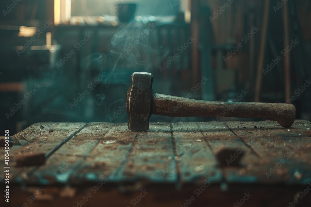 Poster a hammer placed on a wooden table with a rustic finish