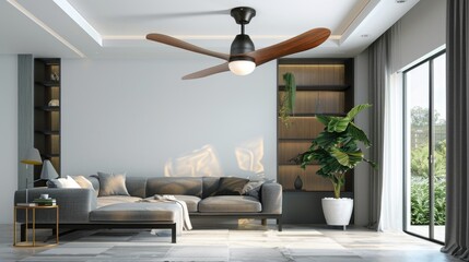 A warm and inviting living room with a couch and ceiling fan